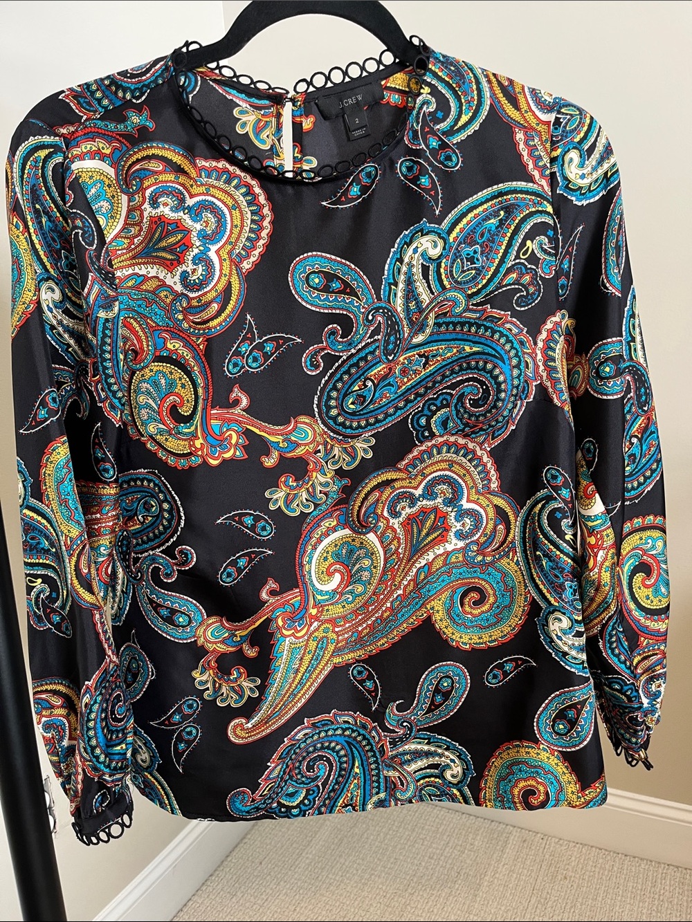 J. Crew Black Paisley Blouse with Teal, Gold & Red Accents